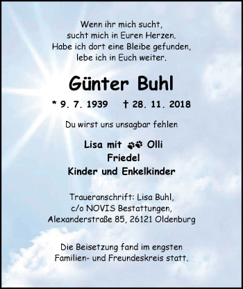 Traueranzeige von Günter Buhl von Nordwest-Zeitung