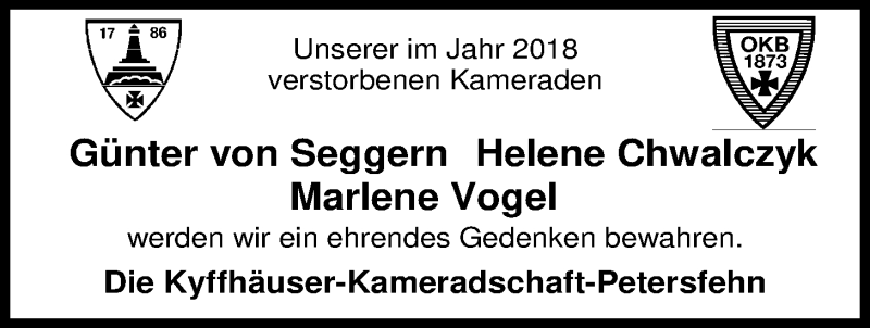  Traueranzeige für Günter von Seggern vom 28.12.2018 aus Nordwest-Zeitung