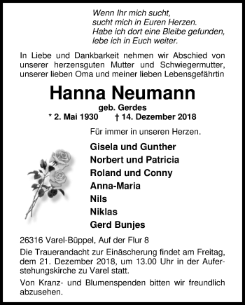 Traueranzeige von Hanna Neumann von Nordwest-Zeitung