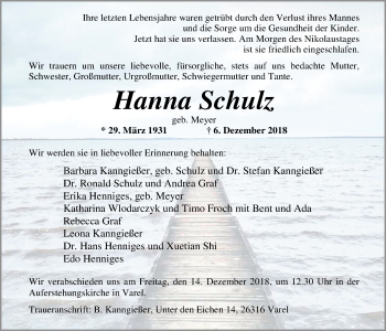 Traueranzeige von Hanna Schulz von Nordwest-Zeitung