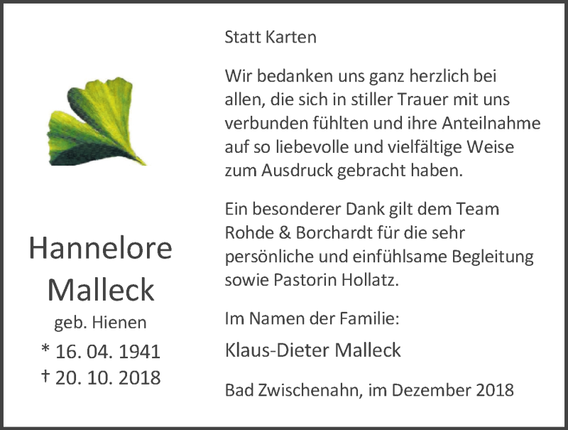  Traueranzeige für Hannelore Malleck vom 01.12.2018 aus Nordwest-Zeitung
