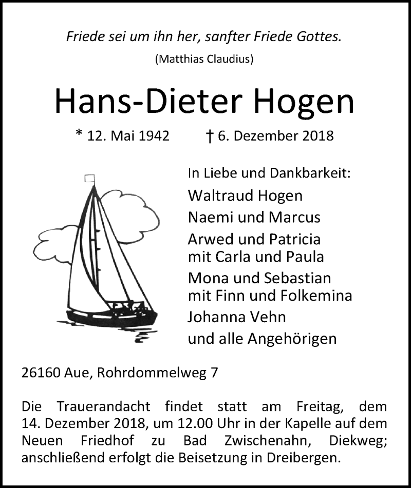 Traueranzeige für Hans-Dieter Hogen vom 11.12.2018 aus Nordwest-Zeitung