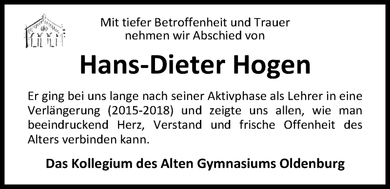  Traueranzeige für Hans-Dieter Hogen vom 12.12.2018 aus Nordwest-Zeitung