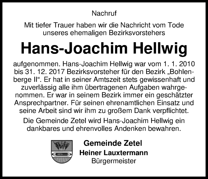  Traueranzeige für Hans-Joachim Hellwig vom 18.12.2018 aus Nordwest-Zeitung