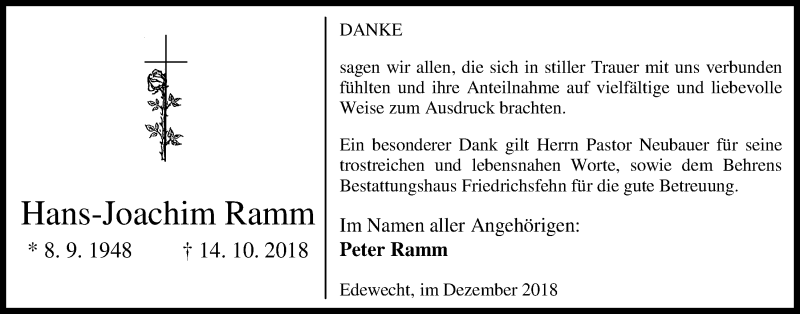  Traueranzeige für Hans-Joachim Ramm vom 28.12.2018 aus Nordwest-Zeitung
