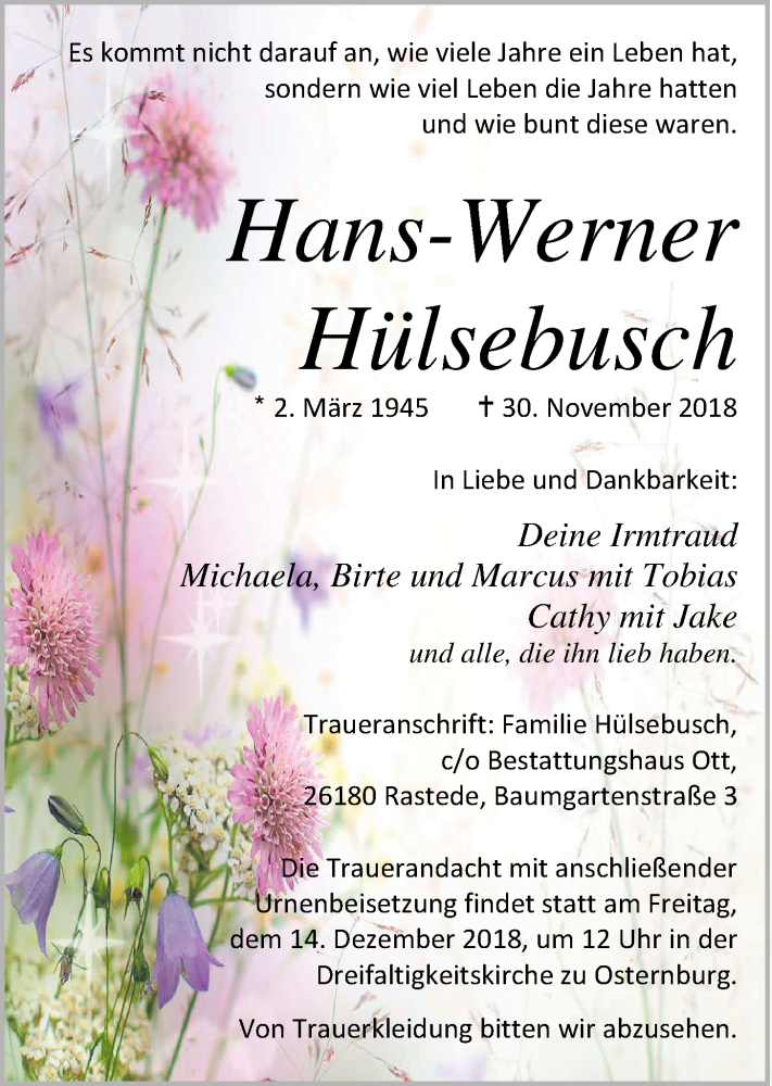  Traueranzeige für Hans-Werner Hülsebusch vom 08.12.2018 aus Nordwest-Zeitung