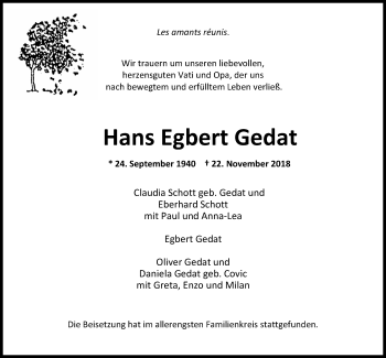 Traueranzeige von Hans Egbert Gedat von Nordwest-Zeitung