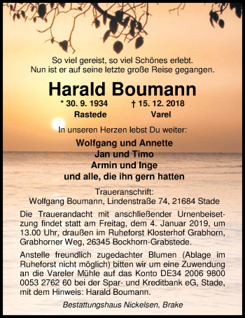 Traueranzeige von Harald Boumann von Nordwest-Zeitung