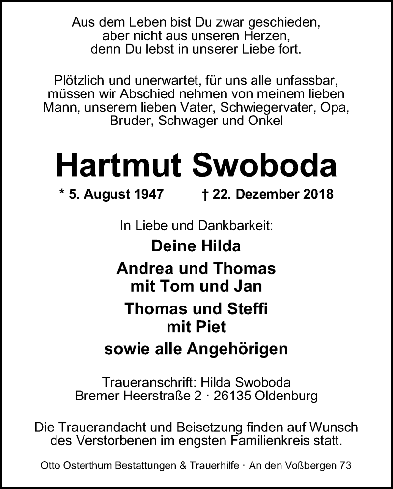  Traueranzeige für Hartmut Swoboda vom 29.12.2018 aus Nordwest-Zeitung
