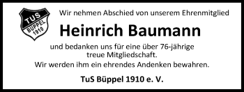 Traueranzeige von Heinrich Baumann von Nordwest-Zeitung