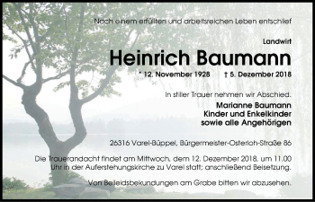 Traueranzeige von Heinrich Baumann von Nordwest-Zeitung