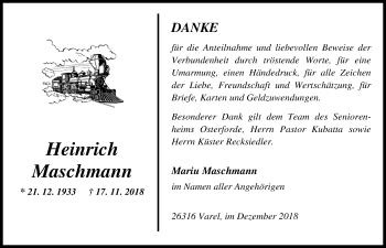 Traueranzeige von Heinrich Maschmann von Nordwest-Zeitung