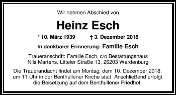 Traueranzeige von Heinz Esch von Nordwest-Zeitung