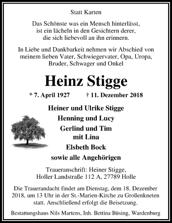 Traueranzeige von Heinz Stigge von Nordwest-Zeitung