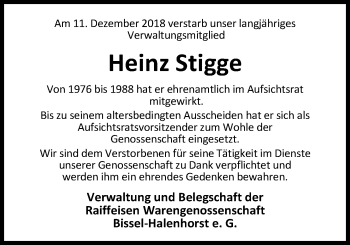 Traueranzeige von Heinz Stigge von Nordwest-Zeitung