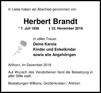 Traueranzeige von Herbert Brandt von Nordwest-Zeitung