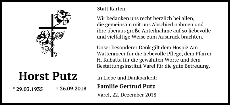  Traueranzeige für Horst Putz vom 27.12.2018 aus Nordwest-Zeitung