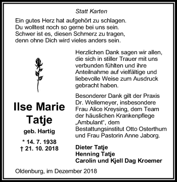 Traueranzeige von Ilse Marie Tatje von Nordwest-Zeitung