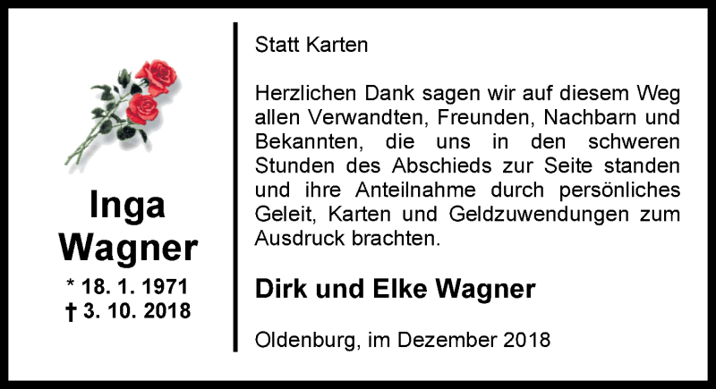  Traueranzeige für Inga Wagner vom 01.12.2018 aus Nordwest-Zeitung