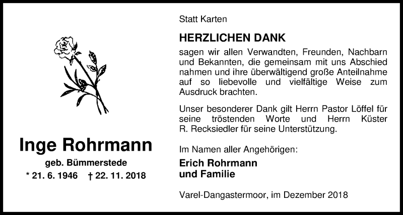  Traueranzeige für Inge Rohrmann vom 22.12.2018 aus Nordwest-Zeitung