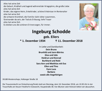 Traueranzeige von Ingeburg Schodde von Nordwest-Zeitung