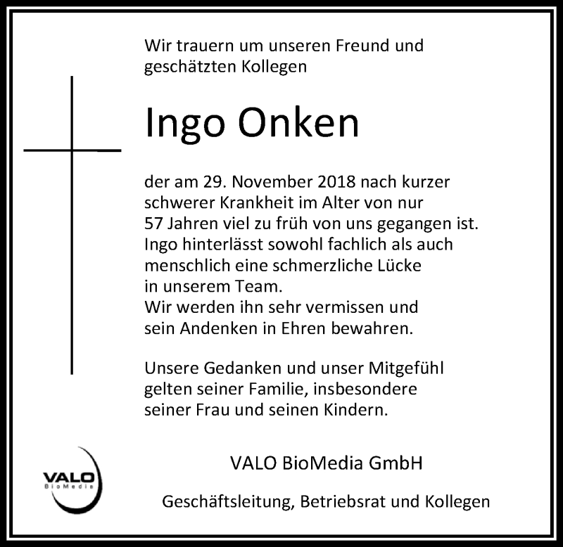  Traueranzeige für Ingo Onken vom 01.12.2018 aus Nordwest-Zeitung