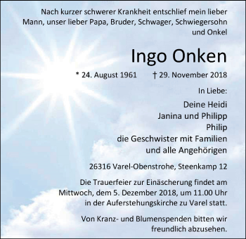 Traueranzeige von Ingo Onken von Nordwest-Zeitung