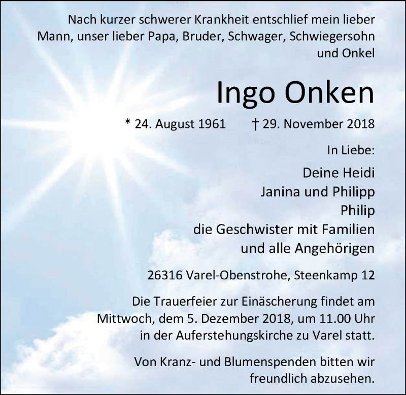  Traueranzeige für Ingo Onken vom 01.12.2018 aus Nordwest-Zeitung
