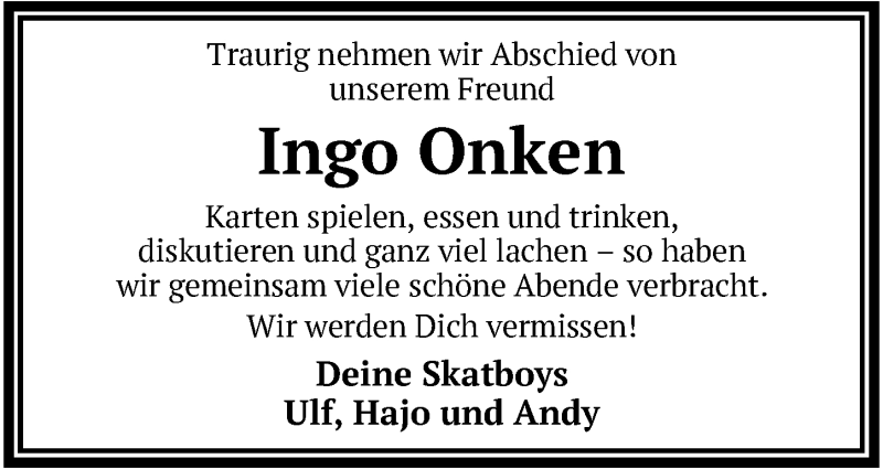  Traueranzeige für Ingo Onken vom 03.12.2018 aus Nordwest-Zeitung