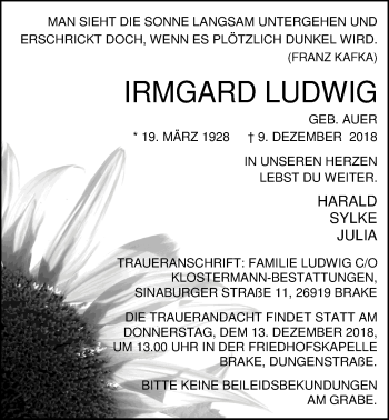 Traueranzeige von Irmgard Ludwig von Nordwest-Zeitung