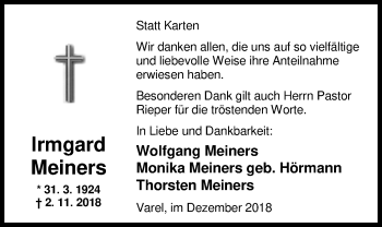 Traueranzeige von Irmgard Meiners von Nordwest-Zeitung