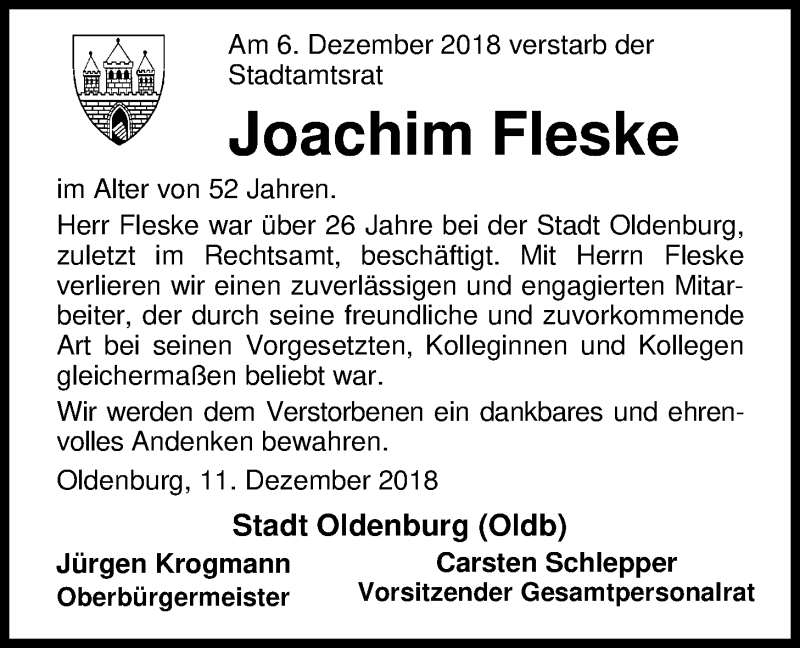  Traueranzeige für Joachim Fleske vom 11.12.2018 aus Nordwest-Zeitung