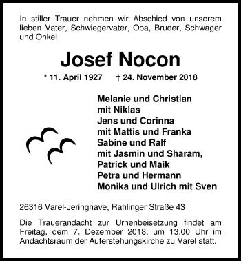 Traueranzeige von Josef Nocon von Nordwest-Zeitung