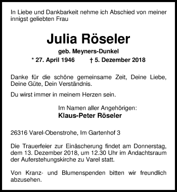 Traueranzeige von Julia Röseler von Nordwest-Zeitung