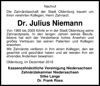 Traueranzeige von Dr. Julius Niemann von Nordwest-Zeitung