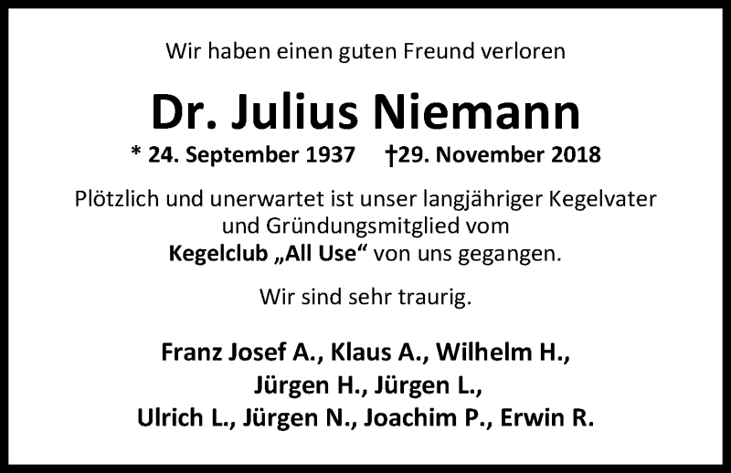  Traueranzeige für Dr. Julius Niemann vom 04.12.2018 aus Nordwest-Zeitung