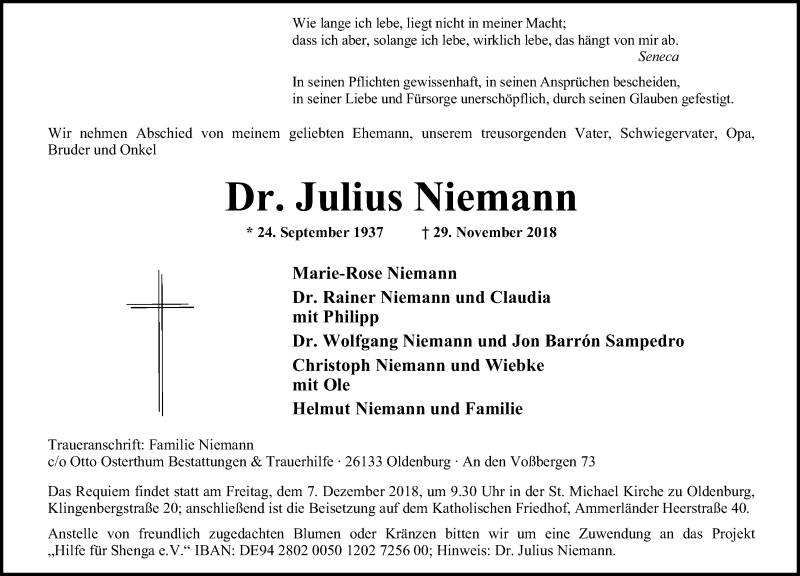  Traueranzeige für Dr. Julius Niemann vom 04.12.2018 aus Nordwest-Zeitung