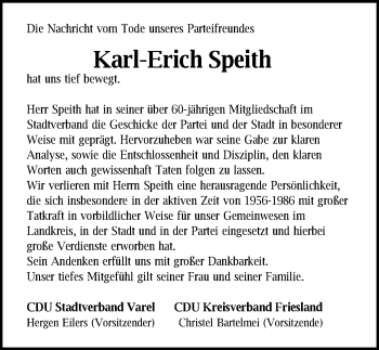 Traueranzeige von Karl-Erich Speith von Nordwest-Zeitung