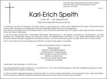 Traueranzeige von Karl-Erich Speith von Nordwest-Zeitung
