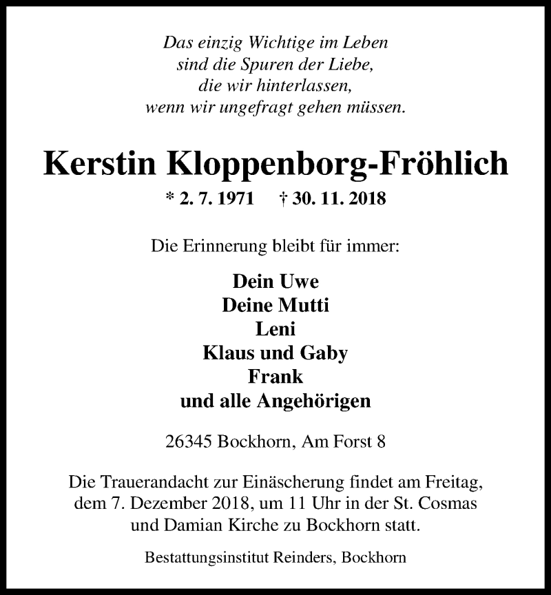  Traueranzeige für Kerstin Kloppenborg-Fröhlich vom 06.12.2018 aus Nordwest-Zeitung