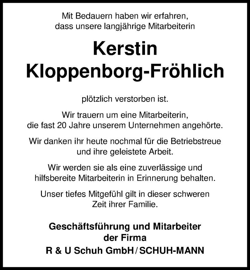  Traueranzeige für Kerstin Kloppenborg-Fröhlich vom 06.12.2018 aus Nordwest-Zeitung