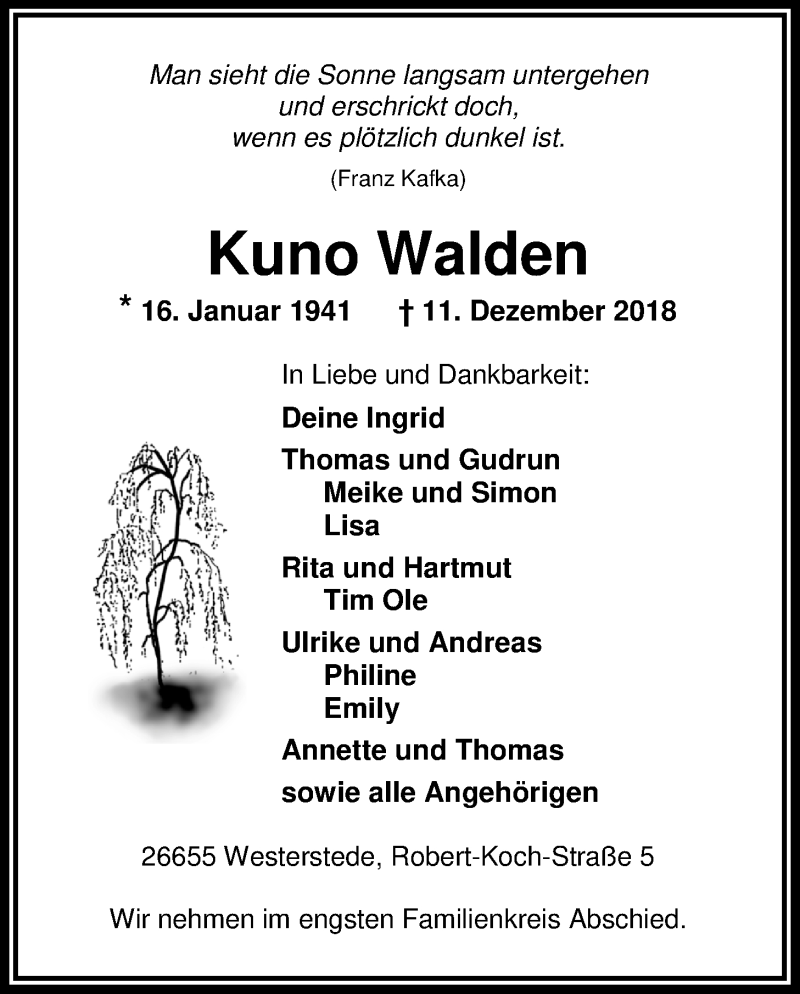  Traueranzeige für Kuno Walden vom 14.12.2018 aus Nordwest-Zeitung