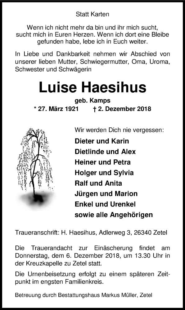  Traueranzeige für Luise Haesihus vom 04.12.2018 aus Nordwest-Zeitung