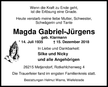 Traueranzeige von Magda Gabriel-Jürgens von Nordwest-Zeitung