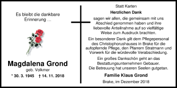 Traueranzeige von Magdalena Grond von Nordwest-Zeitung
