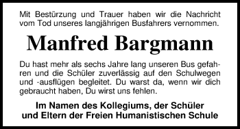 Traueranzeige von Manfred Bargmann von Nordwest-Zeitung