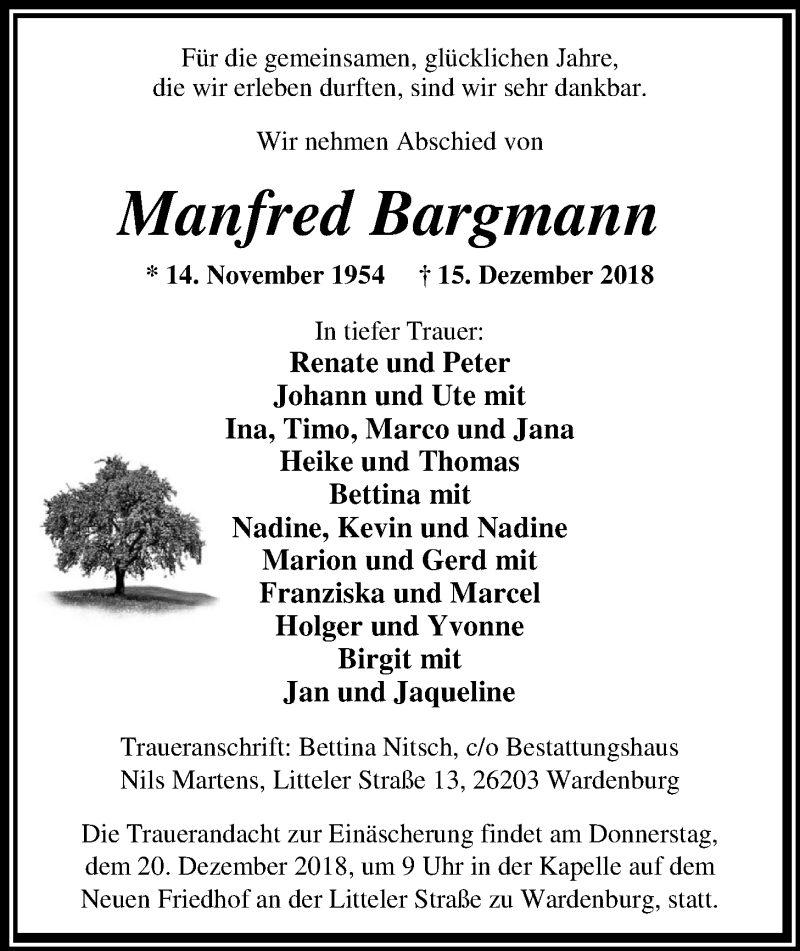  Traueranzeige für Manfred Bargmann vom 18.12.2018 aus Nordwest-Zeitung