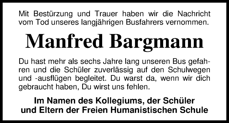  Traueranzeige für Manfred Bargmann vom 19.12.2018 aus Nordwest-Zeitung