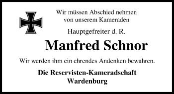 Traueranzeige von Manfred Schnor von Nordwest-Zeitung