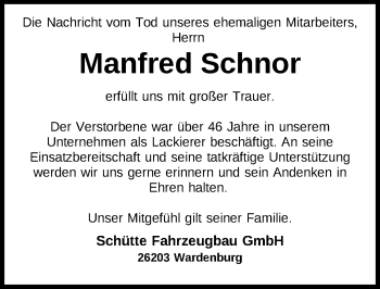 Traueranzeige von Manfred Schnor von Nordwest-Zeitung